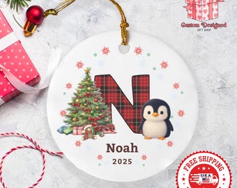 Personalized Name Christmas Ornament, Custom Letter Monogram Penguin Decoration 2026, Ceramic Holiday Keepsake Gift