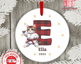 Personalized Name Christmas Ornament, Custom Letter Monogram Kung-Fu Cat Decoration, Ceramic Holiday Keepsake Gift