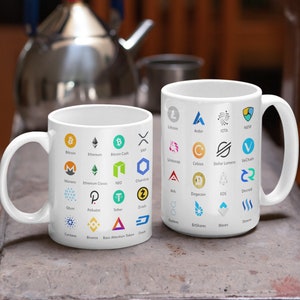 Cryptocurrency Logos Mug, Top Ranking Crypto Symbols Coffee Mug