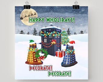 Daleks Decorating TARDIS Poster Doctor Who Wall Art Humorous Happy Wholidays Home Decor Whovian Gift