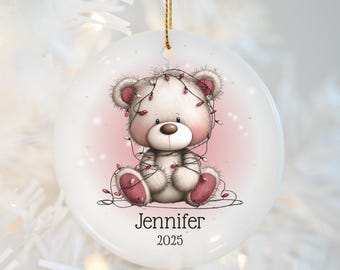 Personalized Name Christmas Ornament, Custom Whimsical Bear Holiday Decoration, Keepsake Gift For Child