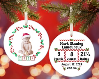 Personalized Baby's First Christmas Ornament, Custom Photo Holiday Keepsake, Birth Stats