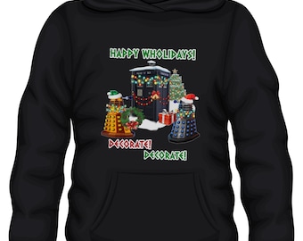 Doctor Who Happy Wholidays Hoodie Daleks Decorating Tardis Whovian Gift