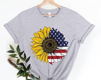 American Flag Sunflower Shirt, 4th Of July Flag Graphic Shirt, Freedom Shirt, American Independence Shirt, Gift For American, Patriotic Tee