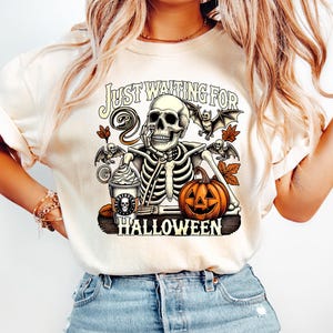 Just Waiting for Halloween Comfort Colors® Shirt, Funny Skeleton Pumpkin Shirt, Spooky Fall Graphic Shirt, Retro Halloween Womens Shirt