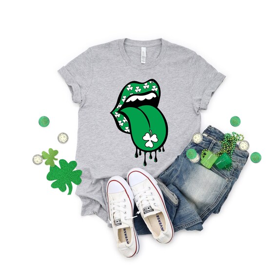 Hot Pink Lips Shamrock Tongue Trendy St Patrick's Day Print T-Shirt Hot Pink Lips Shamrock Tongue Trendy St Patrick's Day Print T-Shirt