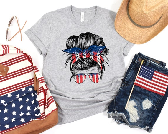 American Girl Shirt, Messy Bun Hair Shirt, 4th of July Shirt, Independence Day Shirt, 4th of July Gift for Woman, Independence Day Gift