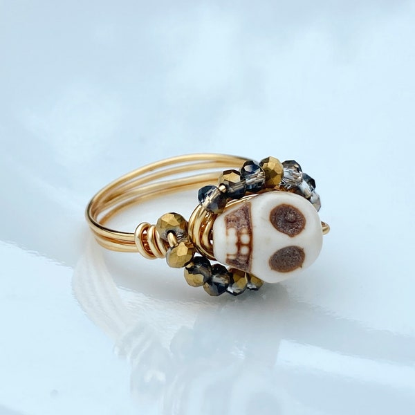 Gold skull ring with gold and grey 3mm beads, non-tarnish wire