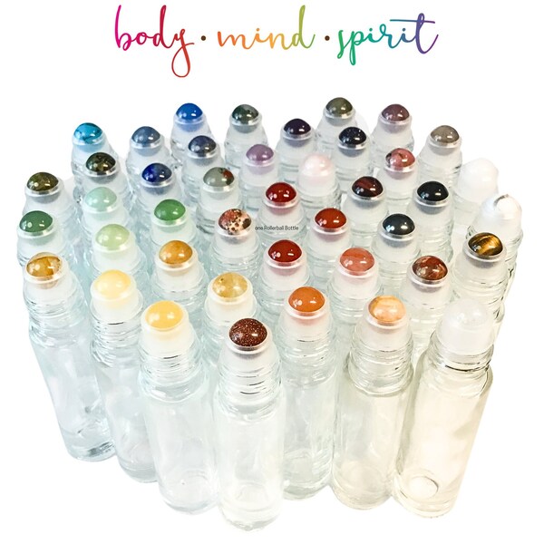 44 GEMSTONE TYPES! Gemstone Rollerball with Clear 10ml or 5ml Bottle - Choice of Bamboo, Metal or Plastic Cap