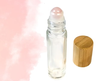 ROSE QUARTZ Gemstone Rollerball with Clear Glass 10ml or 5ml Bottle - Choice of Bamboo, Metal or Plastic Cap