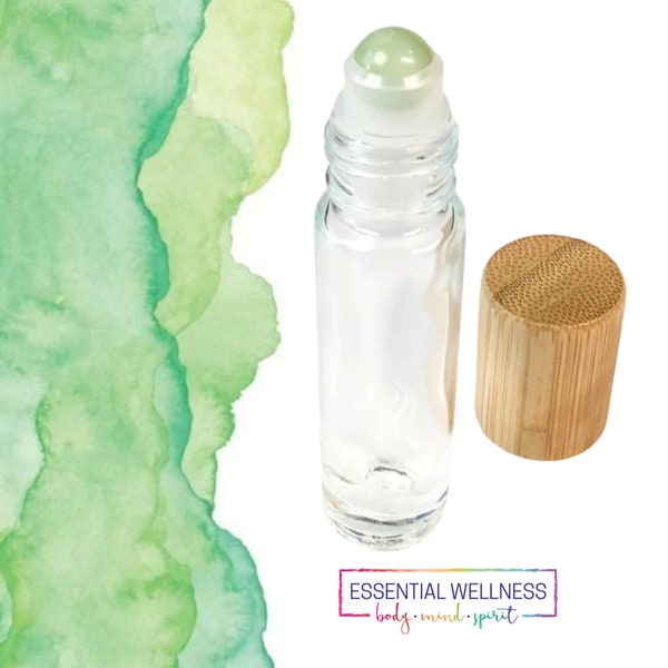 GREEN JADE Gemstone Rollerball with Clear Glass 10ml or 5ml Bottle - Choice of Bamboo, Metal or Plastic Cap