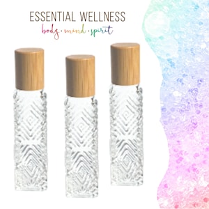 12 GEMSTONE ROLLERBALL Types! BOHO Patterned Glass Bottle with Gemstone Rollerball & Bamboo Cap - Single or Sets - 15ml Square Roller Bottle