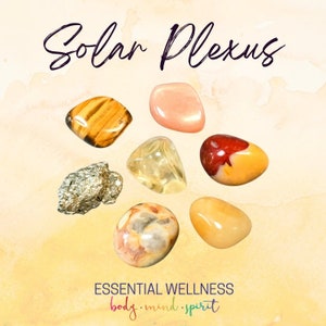 Ensemble de 7 cristaux pour CHAKRA PLEXUS SOLAIRE - 2 tailles - avec informations et carte de mantras, cadre de présentation et sac de rangement - Reiki amélioré