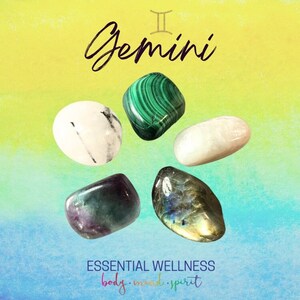 Ensemble de cristaux GEMINI ENERGY - 2 tailles - avec information et carte de mantras, cadre de présentation et sac de rangement - Reiki amélioré