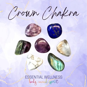 Ensemble de 7 cristaux CHAKRA COURONNE - 2 tailles - avec informations et carte de mantras, cadre de présentation et sac de rangement - Reiki amélioré