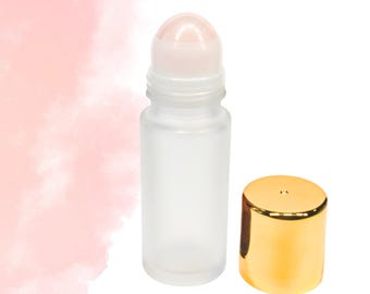 50ml Frosted Clear Glass Roller Bottle • Genuine Rose Quartz Rollerball • Gold Cap • Refillable