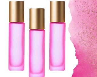 Frosted Pink Glass Roller Bottle • 5ml or 10ml Essential Oil Roller • Stainless or Glass Rollerball • Refillable • Single or Set Options