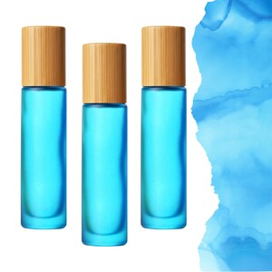 Frosted Turquoise Glass Roller Bottle with Bamboo Cap • 5ml or 10ml Essential Oil Roller • Glass or Stainless Rollerball • Refillable