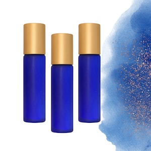 Frosted Cobalt Blue Glass Roller Bottle • 10ml Essential Oil Roller • Stainless or Glass Rollerball • Refillable • Single & Set Options