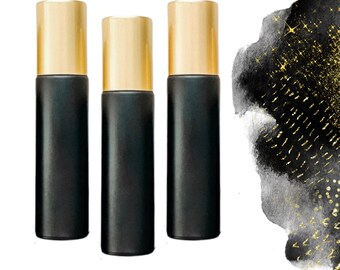 CLASSIC BLACK Roller Bottles - Single or Set - 10 ml Glass Roll On - Choice of Cap Color & Gemstone, Stainless or Glass Rollerball