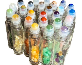 Gemstone Roller Bottle with Crystals • 50 Crystal Rollerball Choices • 5ml or 10ml • Refillable Essential Oil Aromatherapy Bottle