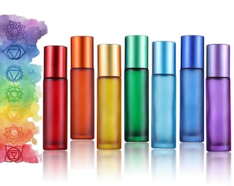 Juego de botellas con rodillo para chakras • Botellas arcoíris esmeriladas • Tapas a juego • Bolígrafos con piedras preciosas • Juego o unidades individuales • Cargados con Reiki • 5 ml o 10 ml