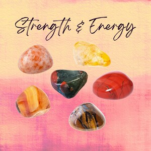 Ensemble de cristaux d'intention manifeste FORCE ET ÉNERGIE - 2 tailles - avec information/carte mantra, cadre de présentation et sac de rangement - Reiki amélioré