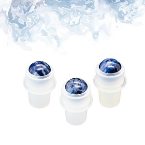 May include: Three clear roller bottles, each with a blue and white marbled stone top. The bottles are arranged in a row against a white background, with a blue and white abstract design in the upper portion of the image.