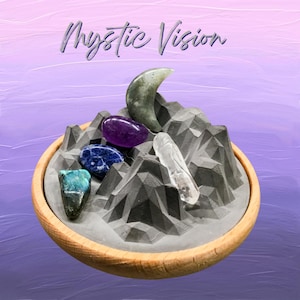 May include: A wooden bowl with a gray mountain-like structure holding various gemstones. The gemstones include a crescent moon shape, a purple oval, a blue sphere, a clear crystal, and a green-blue stone. The text "Mystic Vision" is at the top.