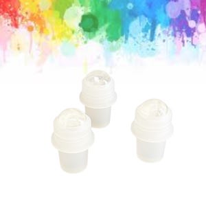 May include: Three white roll-on bottle applicators with clear, rounded tops. The applicators are made of plastic and are designed for use with essential oils, perfumes, or other liquid products. The background is a colourful abstract design.