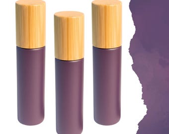 Sunset Purple Glass Roller Bottle with Bamboo Cap • 5ml or 10ml Essential Oil Roller • Glass or Stainless Rollerball • Refillable