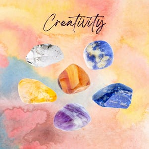 Ensemble d'intentions en cristal Manifest CREATIVITY - 2 tailles - avec informations et carte de mantras, cadre de présentation et sac de rangement - Reiki amélioré