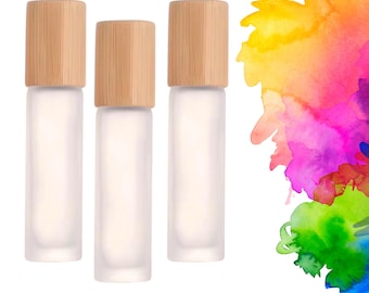 FROSTED CLEAR Roller Bottles with Bamboo Cap - Single or Sets - 10 ml Glass Roll On - Choice of Gemstone, Stainless or Glass Rollerball