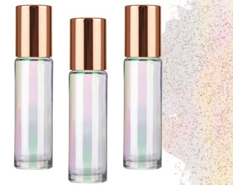 Iriserende glazen rollerfles • 10 ml roller met etherische olie • Roestvrije of glazen rollerbal • Navulbaar • Enkele en set opties