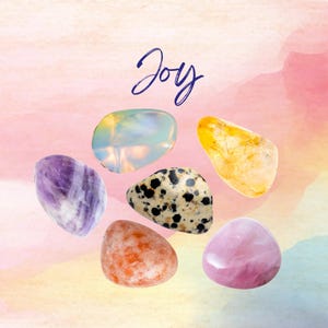Ensemble de cristaux d'intention Manifest JOY - 2 tailles - avec information et carte de mantra et cadre de présentation, Reiki amélioré