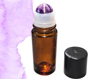 Aplicador de aceite de amatista Gentle Calm: herramienta de autocuidado con carga de Reiki, frasco con rodillo de 50 ml de vidrio ámbar con gema, tapa negra