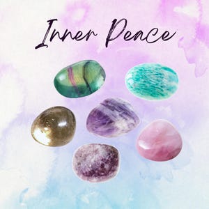 Ensemble de cristaux d'intention Manifest INNER PEACE - 2 tailles - avec informations et carte de mantras, cadre de présentation et sac de rangement - Reiki amélioré