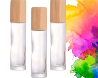 Clear Glass Roller Bottle with Bamboo Cap • 5ml or 10ml Essential Oil Roller • Glass or Stainless Rollerball • Refillable