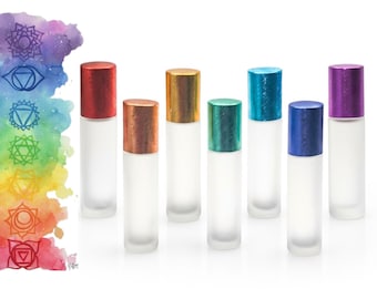 Set di flaconi roll-on Chakra • Vetro trasparente satinato con tappi in metallo spazzolato • 5 ml o 10 ml • Sfere roll-on in acciaio inossidabile o vetro • Ricaricabile