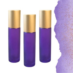 FROSTED PURPLE Roller Bottles - Single or Sets - 10 or 5 ml Glass - Your Choice of Cap Color & Gemstone, Stainless, or Glass Rollerball