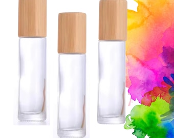 CLEAR GLASS Roller Bottles with  Bamboo Cap - Single or Sets - 10 or 5 ml Roll On Bottle - Choice of Gemstone, Stainless or Glass Rollerball
