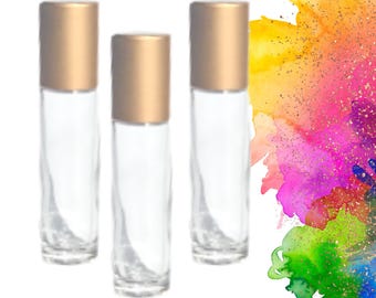 CLEAR GLASS Roller Bottles - Single or Sets - 10 or 5 ml Roll On - Choice of Cap Colors & Gemstone, Stainless or Glass Rollerball