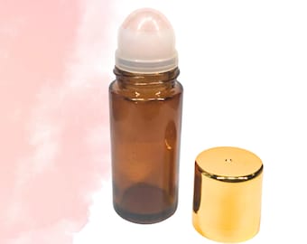 Hartgecentreerde rozenkwartsolie-applicator – reiki-zelfverzorgingstool, 50 ml amberkleurige glazen edelsteenroller, gouden dop