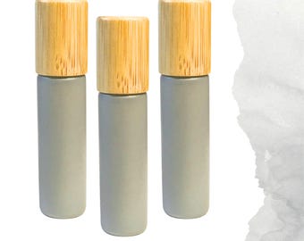 Mountain Gray Glass Roller Bottle with Bamboo Cap • 5ml or 10ml Essential Oil Roller • Glass or Stainless Rollerball • Refillable