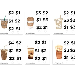 Op de afbeelding: Een set van zes vierkante kaarten met illustraties van diverse koffiedranken, waaronder ijskoffie en lattes. Elke kaart toont dollarbedragen en kleine cirkels voor selectie, met de tekst AllThingsBudget3 onderaan de afbeeldingen.