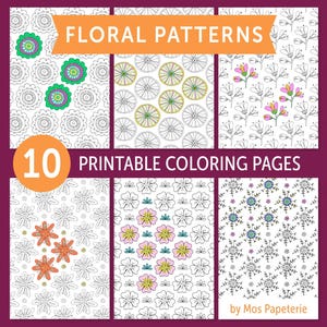 Könnte beinhalten: Zehn druckbare Malvorlagen mit floralen Mustern. Die Seiten zeigen verschiedene Blumendesigns in Schwarzweiß, mit einigen farbigen Beispielen. Der Titel "Floral Patterns" ist orange dargestellt, und Buntstifte sind rechts angeordnet.
