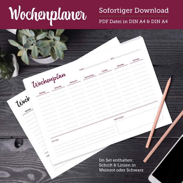 Weekly planner / DIN A3 + DIN A4 / Print yourself / Instant download / To do list