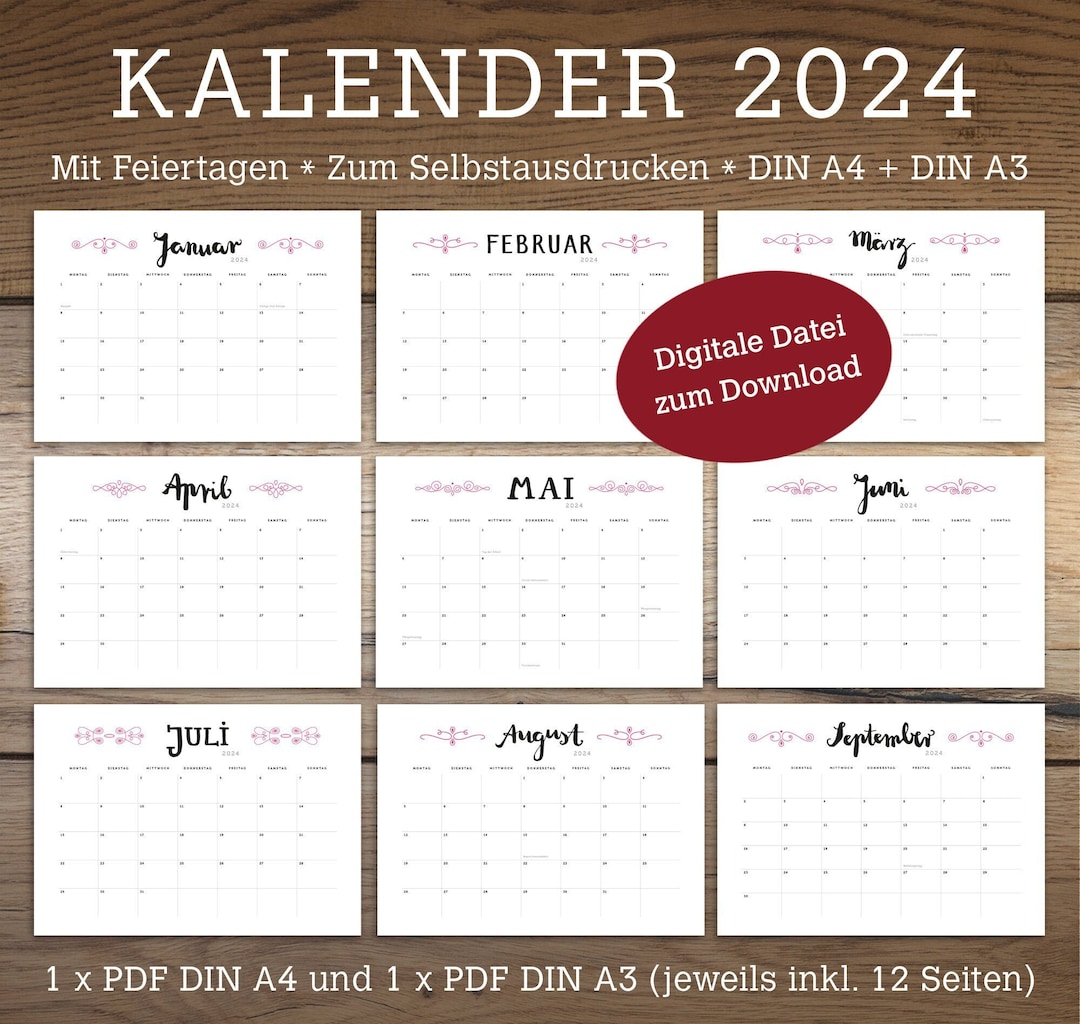 Jahreskalender 2024 / DIN A4 DIN A3 / Selber ausdrucken / Sofort