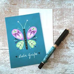 Postkarte, Schmetterling, Folklore-Stil, Liebe Grüße