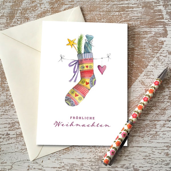 Weihnachtskarte, Fröhliche Weihnachten, Bunte Socke